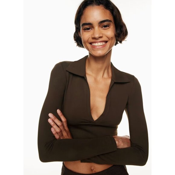 Aritzia BABATON Contour Brown Jersey Polo Long Sleeve Waist T-Shirt, Size M - Picture 11 of 13